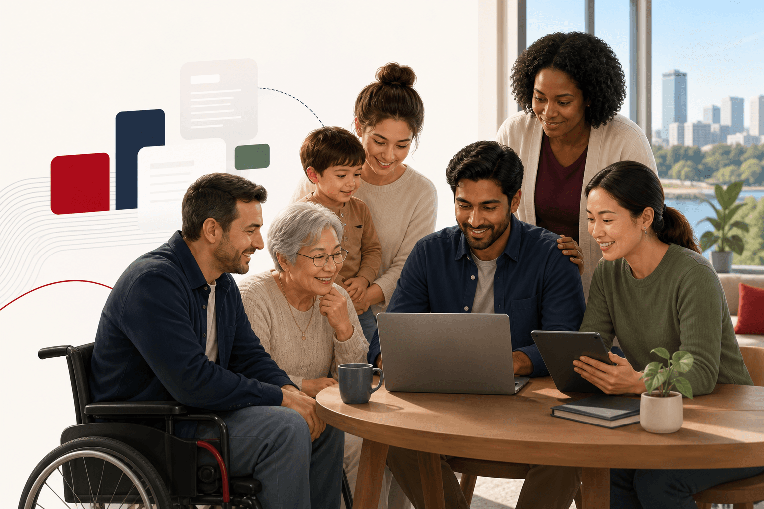 A diverse, multigenerational group reviews benefits information together.